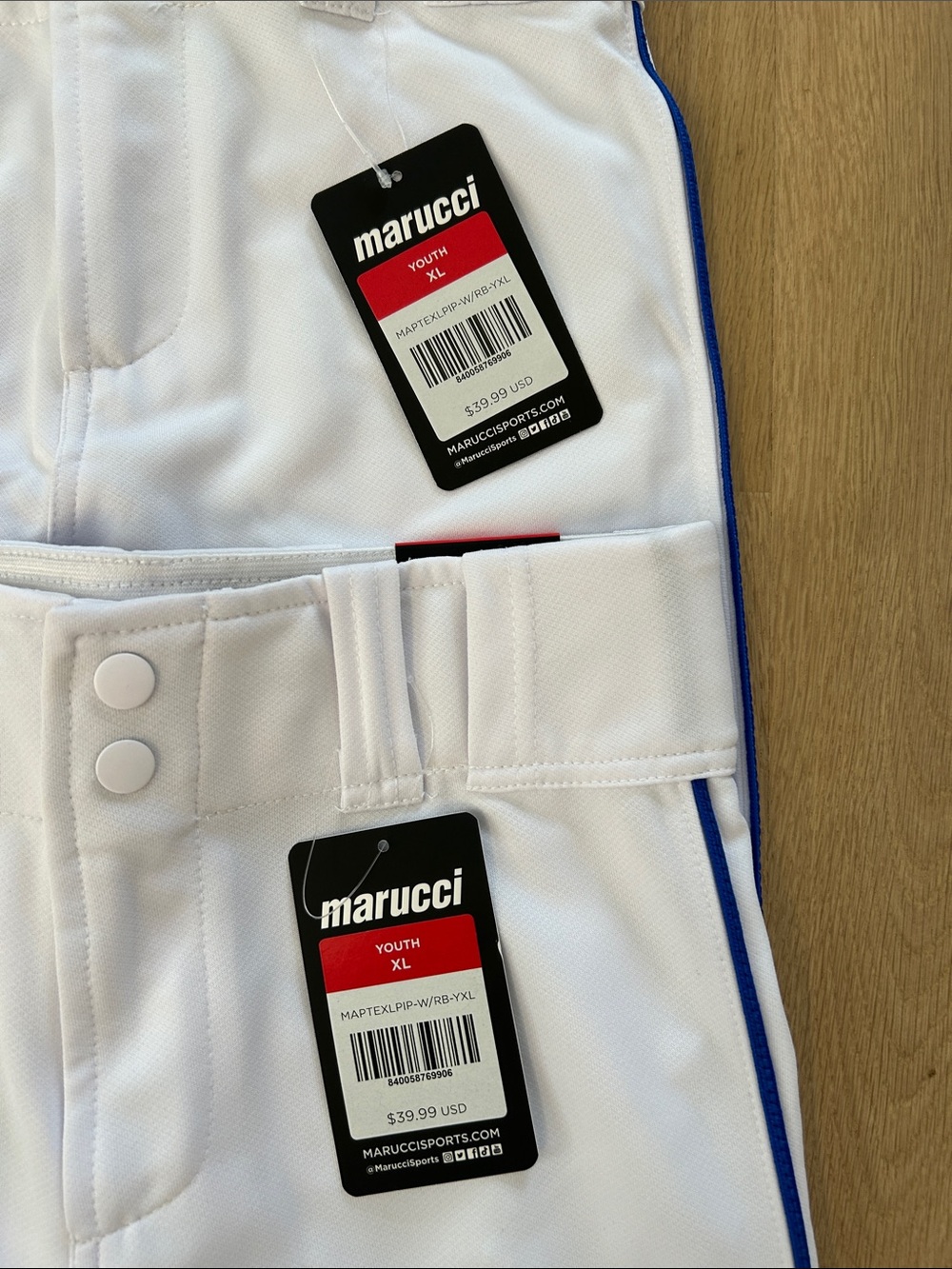 NWT Marucci Kids White Baseball Pants with Blue Piping - Youth XL - Picture 3 of 7